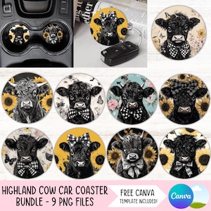Coquette Highland Cow Car Coaster PNG Bundle Uchwyt na kubek słonecznika Sublimacja Design Czarno-biały okrągły brelok PNG DIY Coaster Plik cyfrowy