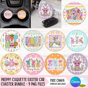Puede incluir: Un conjunto de posavasos y llaveros con temática de Pascua. Los posavasos presentan diseños coloridos con conejitos, huevos y las palabras "Happy Easter" y "Hop Hop". El llavero tiene un diseño de conejito. El paquete incluye 9 archivos PNG.