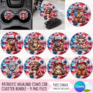 4 lipca Highland Cow Car Coaster PNG Bundle Amerykański uchwyt na kubek Sublimacja Wzory USA Okrągły brelok PNG Diy Coaster Pliki cyfrowe