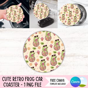 Sous-verre de voiture Grenouille rétro PNG Grenouille mignonne porte-gobelet Sublimation Design crapaud rond porte-clés PNG Voiture Freshie PNG dessous de verre en téléchargement numérique