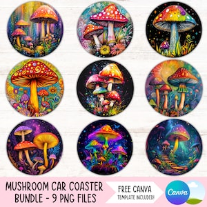 May include: Nine colorful mushroom car coasters with psychedelic designs. Each coaster features a different arrangement of mushrooms with vibrant colors and patterns. The coasters are perfect for adding a touch of whimsy to any car.