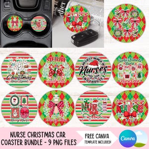 Puede incluir: Un conjunto de nueve posavasos navideños para coche con varios diseños. Los posavasos presentan gráficos festivos, incluyendo bastones de caramelo, lazos y texto como "Merry Nurse". La combinación de colores es rojo, verde y blanco.