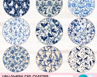 Blue French Toile Halloween Car Coaster PNG Bundle Chinoiserie Fall Coffee Cup Holder Sublimation Designs Keychain DIY Coaster Digital Files