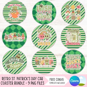 May include: Nine retro-style St. Patrick's Day coasters with green, white, and gold designs. The coasters feature various Irish-themed illustrations and text, including "Stay Lucky & Magical", "Kiss Me I'm Irish", "Happy Go Lucky", and "Lucky Lucky Lucky".