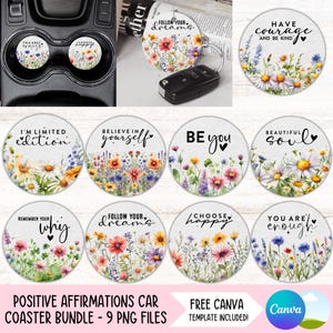 Positive Affirmationen Auto Untersetzer PNG Bundle Inspirierende Getränkehalter Sublimationsdesigns Motivations Schlüsselanhänger PNG Untersetzer Digitaler Download