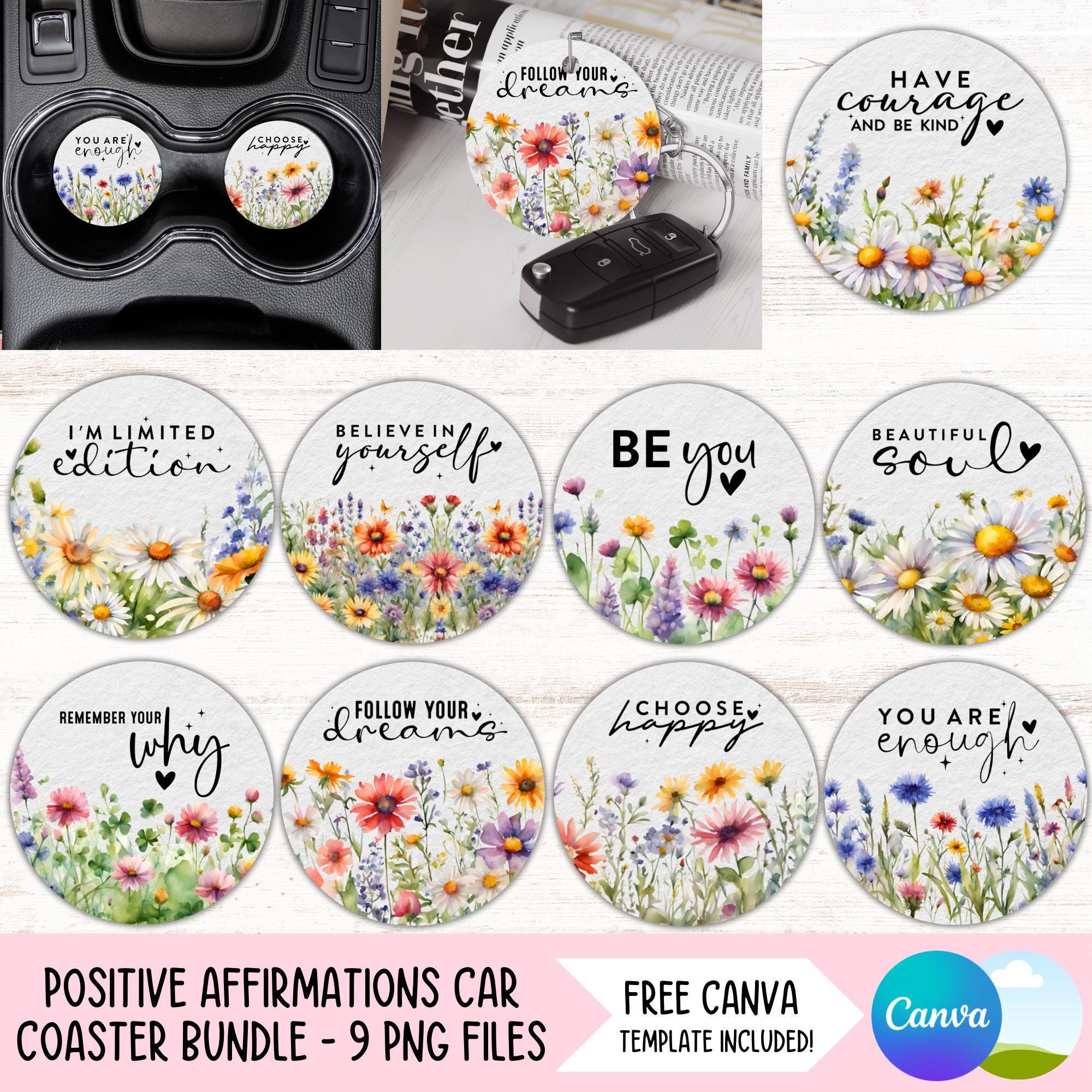 Positive Affirmations Car Coaster PNG Bundle Inspirational Cup Holder Sublimation Designs Motivational Keychain PNG Coaster Digital Download