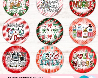 May include: Nine round Christmas-themed car coasters featuring a nurse theme. The coasters feature various designs including a nurse with a stethoscope, a nurse with a Christmas tree, a nurse with a snowman, a nurse with a gingerbread house, a nurse with a candy cane, a nurse with a Christmas stocking, a nurse with a Christmas ornament, a nurse with a Christmas bell, and a nurse with a Christmas wreath. The coasters are all red and white with a snowy background.