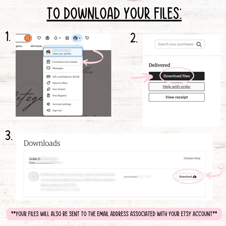 Pode incluir: Uma captura de tela de um site Etsy mostrando como baixar arquivos digitais. A imagem mostra tr&ecirc;s etapas: 1. Ver seu perfil, 2. Baixar arquivos, 3. Baixar. O texto "SEUS ARQUIVOS TAMB&Eacute;M SER&Atilde;O ENVIADOS PARA O ENDERE&Ccedil;O DE E-MAIL ASSOCIADO &Agrave; SUA CONTA ETSY**" est&aacute; na parte inferior da imagem.