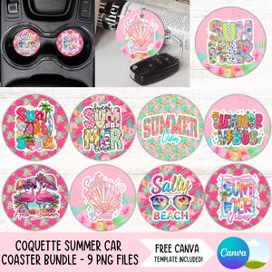 Puede incluir: Nueve posavasos redondos de color rosa y blanco con diseños de temática veraniega. Los diseños incluyen "Salty Beach", "Sweet Summer Time", "Summer Vibes", "Summer Vibes", "Hello Summer", "Soul", "Salty Beach", "Summer Vibes" y "Summer Vibes".