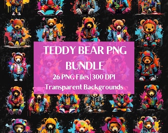 Teddy Bear PNG Clipart Bundle, Urban Streetwear Sublimation Designs, Colorful Neon Graffiti Graphics for T-Shirts (Digital Files Download)