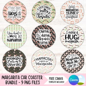 Paquete de posavasos para coche con margaritas divertidas, diseños de sublimación para portavasos de tequila, llavero redondo, archivos digitales para hacer tú mismo.