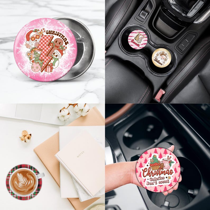 May include: A selection of Christmas-themed coasters and a car cup holder set. The coasters display festive designs with Santa, gingerbread men, and the word "Christmas." One coaster has the text "Calories Don't Count."