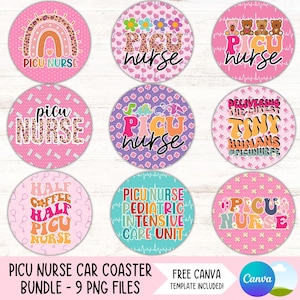 May include: Nine colourful round car coasters with different designs featuring the text "PICU Nurse". The designs include a rainbow, a heart pattern, a dinosaur, a teddy bear, and a coffee cup. The coasters are for sale as a bundle.