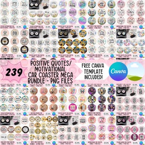 Könnte beinhalten: Eine Sammlung von Auto-Untersetzern mit positiven Zitaten und motivierenden Botschaften. Die Untersetzer weisen verschiedene Designs auf, darunter Blumenmuster, Schmetterlinge und inspirierende Sätze. Das Bild enthält auch den Text "Positive Quotes/Motivational Car Coaster Mega Bundle - PNG Files."