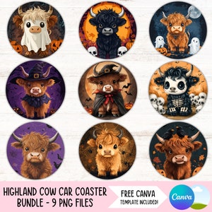 Halloween Highland Cow Car Coaster PNG Bundle Fall Cup Holder Sublimacja Wzory Jesienny Okrągły Brelok PNG DIY Coaster Pliki Cyfrowe