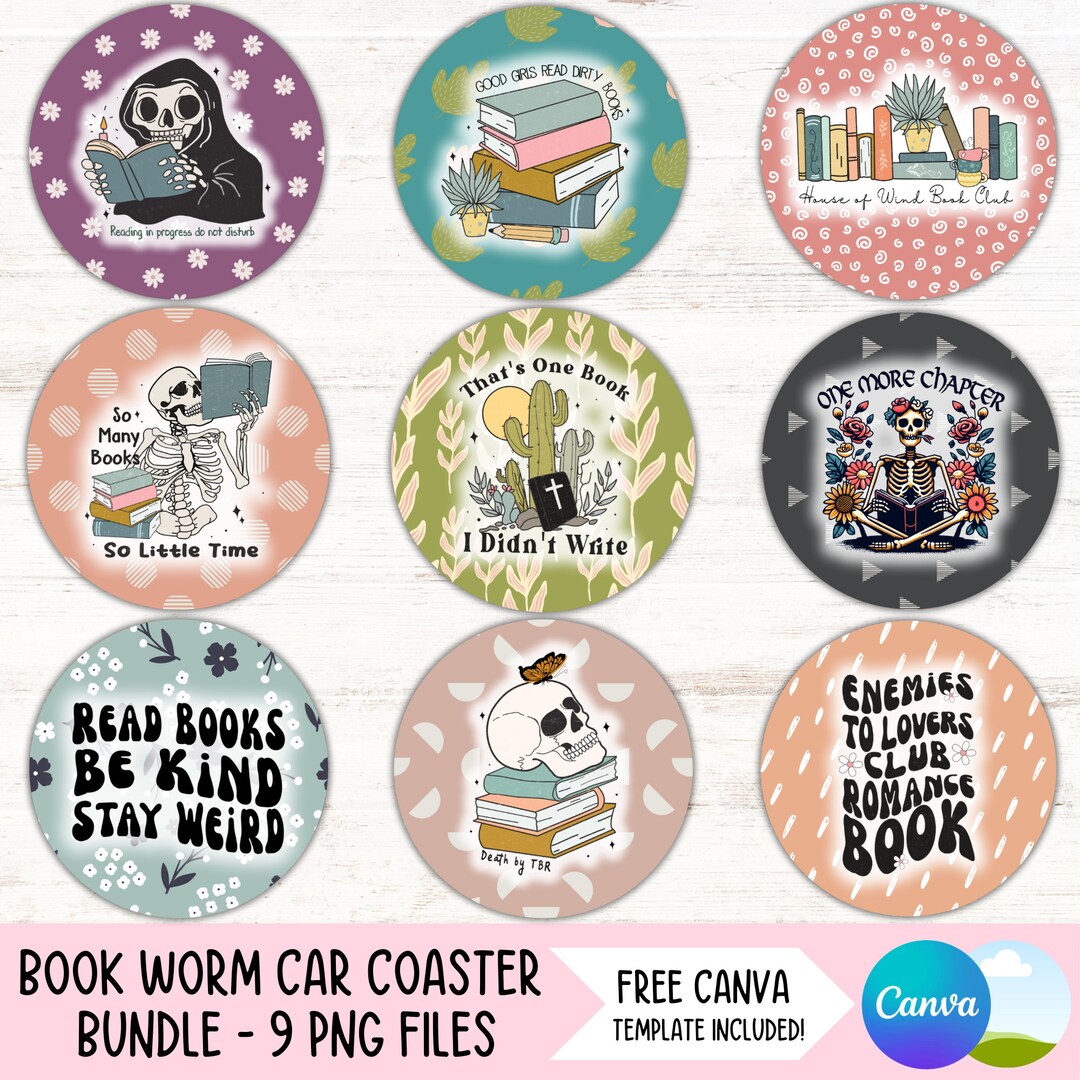 Bookworm Car Coaster PNG Bundle Book Lover Coffee Cup Holder ...