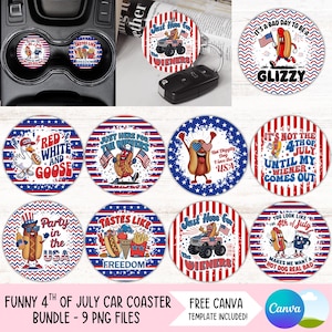 Grappige hotdog autoachtbaan png-bundel 4 juli bekerhouder sublimatie ontwerpen VS Amerikaanse vlag sleutelhanger png DIY digitale onderzetterbestanden