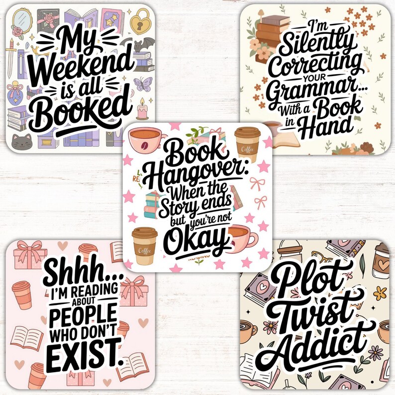Funny Book Lover Square Coaster PNG Bundle, Reading 4x4 Sublimation ...
