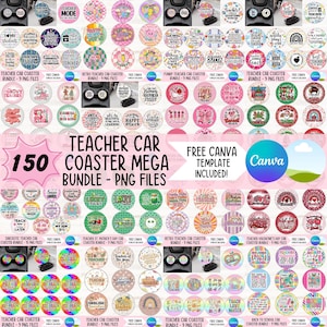 Puede incluir: Un conjunto de 150 diseños de posavasos para coche de profesores. Los posavasos presentan varios diseños coloridos con citas y gráficos temáticos. Incluye una plantilla gratuita de Canva. Perfecto para profesores.