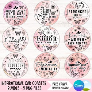 Positive Affirmations Car Coaster PNG Bundle Inspirational Quotes Cup Holder Sublimation Designs Motivational Round Keychain PNG Designs