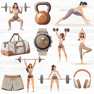 May include: A digital illustration of a fitness and workout theme. The image includes a woman lifting weights, a woman doing yoga, a woman lifting a barbell, a woman using dumbbells, a kettlebell, a duffel bag, a smartwatch, a pair of headphones, and a pair of shorts.