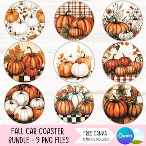Vintage Fall Car Coaster PNG Bundle Pumpkin Coffee Cup Holder Sublimation Designs Autumn Keychain PNG DIY Coaster Digital File Downloads