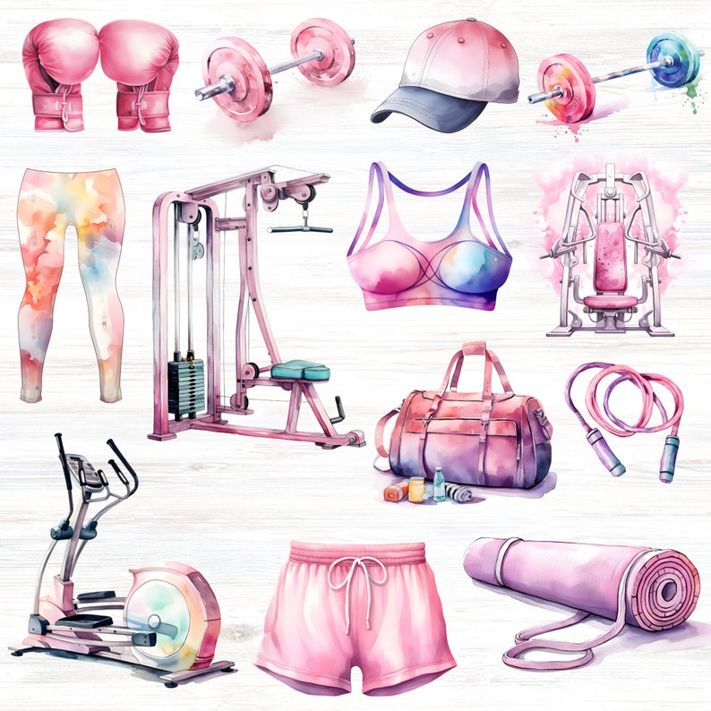 Puede incluir: Una ilustraci&oacute;n de acuarela de un conjunto de gimnasio rosa y morado. El conjunto incluye un banco de pesas, una m&aacute;quina de pesas, una esterilla de yoga, una cuerda para saltar, una bolsa de deporte, un sujetador deportivo, un par de guantes de boxeo, unos pantalones cortos, unos leggings, una gorra de b&eacute;isbol y una m&aacute;quina el&iacute;ptica.