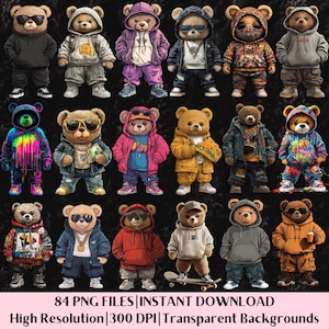 Ours en peluche Png Bundle Cool ours Streetwear Clipart sweat à capuche tshirt Sublimation Design coloré néon urbain ours graffiti téléchargement numérique