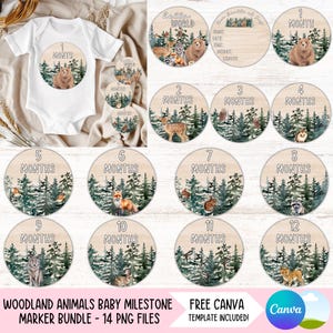 Bundle de marqueurs d'étape mensuelle pour bébé, animaux de la forêt, PNG, cartes d'étape pour bébé, signe rond, dessins par sublimation, sous-verres circulaires mignons à télécharger