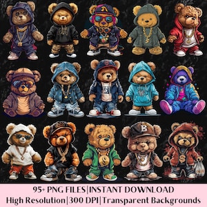 Teddybär Png-Bundle, buntes Urban Design Streetwear Png Sublimation, Urban Style Neon Design Graffiti Png für Tshirt, digitaler Download