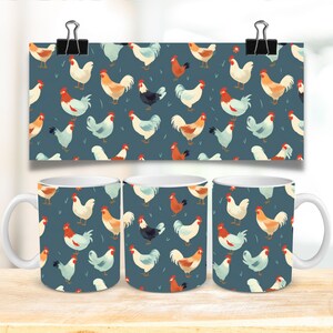 May include: White ceramic mugs with a repeating pattern of colorful chickens on a teal background. A matching print is displayed above the mugs, held by a black clip. The chickens are in various colors, including white, red, orange, and black.