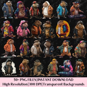 Capybara Streetwear Png Urban Graphics Bundle Cochon d'Inde néon coloré Hip Hop Clipart dessins Tshirt à capuche Sublimation dessins à télécharger