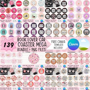 Może przedstawiać: Zestaw 139 podkładek pod kubki do samochodu z różnymi wzorami, w tym cytatami i ilustracjami o tematyce książkowej. Podkładki są okrągłe i mają różne kolory i wzory. Widoczny jest tekst "Book Lover Car Coaster Mega Bundle - PNG Files".