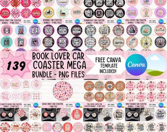 Book Lover Car Coaster Mega Bundle, Bookish Round Sublimation Designs, Smut Reader Keychain PNG Set, Button Pin and Badges (Digital Files)