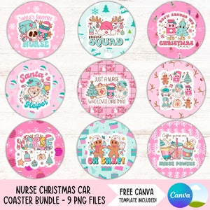 May include: Nine pink and blue Christmas-themed coasters with various designs featuring a nurse, Santa Claus, and gingerbread people. The coasters have text that says "Santa's favourite nurse", "nurse squad", "rock'n around the Christmas tree", "Santa's helper", "just a nurse who loves Christmas", "nurse", "oh snap!", and "coffee gives me nurse powers".