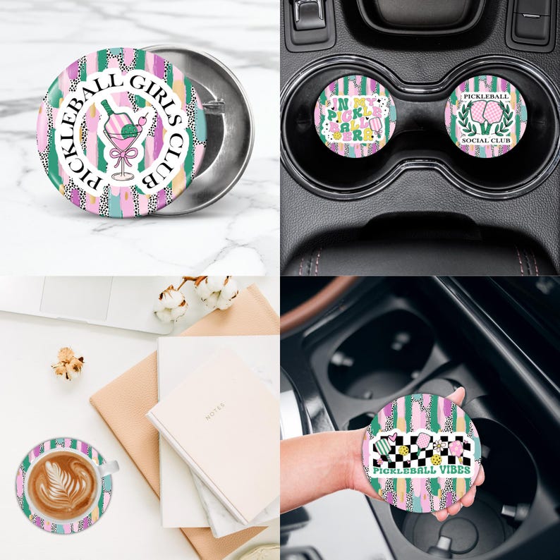 Pode incluir: Um conjunto de quatro porta-copos para carro com um esquema de cores rosa, verde e preto com v&aacute;rios designs. Um porta-copos apresenta o texto "Pickleball Vibes", outro apresenta o texto "In My Pickleball World" e outro apresenta o texto "Pickleball Social Club".