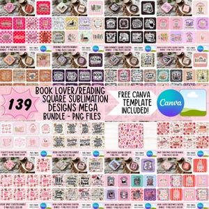 Può includere: Una collezione di 139 design quadrati per sublimazione con varie illustrazioni, motivi e tipografie a tema librario. Le grafiche digitali includono motivi come tazze di caffè, pile di libri e citazioni sulla lettura in diverse palette.
