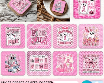 Breast Cancer Sublimation Designs, Cute Ghost Square Coaster PNG Bundle, In October We Wear Pink Keychain PNG Set (Digital Files Download)