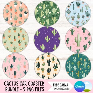 Cactus voiture dessous de verre PNG succulentes porte-gobelet Sublimation dessins amateur de plantes porte-clés PNG désert occidental bricolage sous-bock fichiers numériques