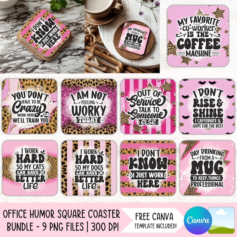 Work Coasters Funny Work Square Coaster PNG Bundle, Office Humor Quotes Sublimation ...