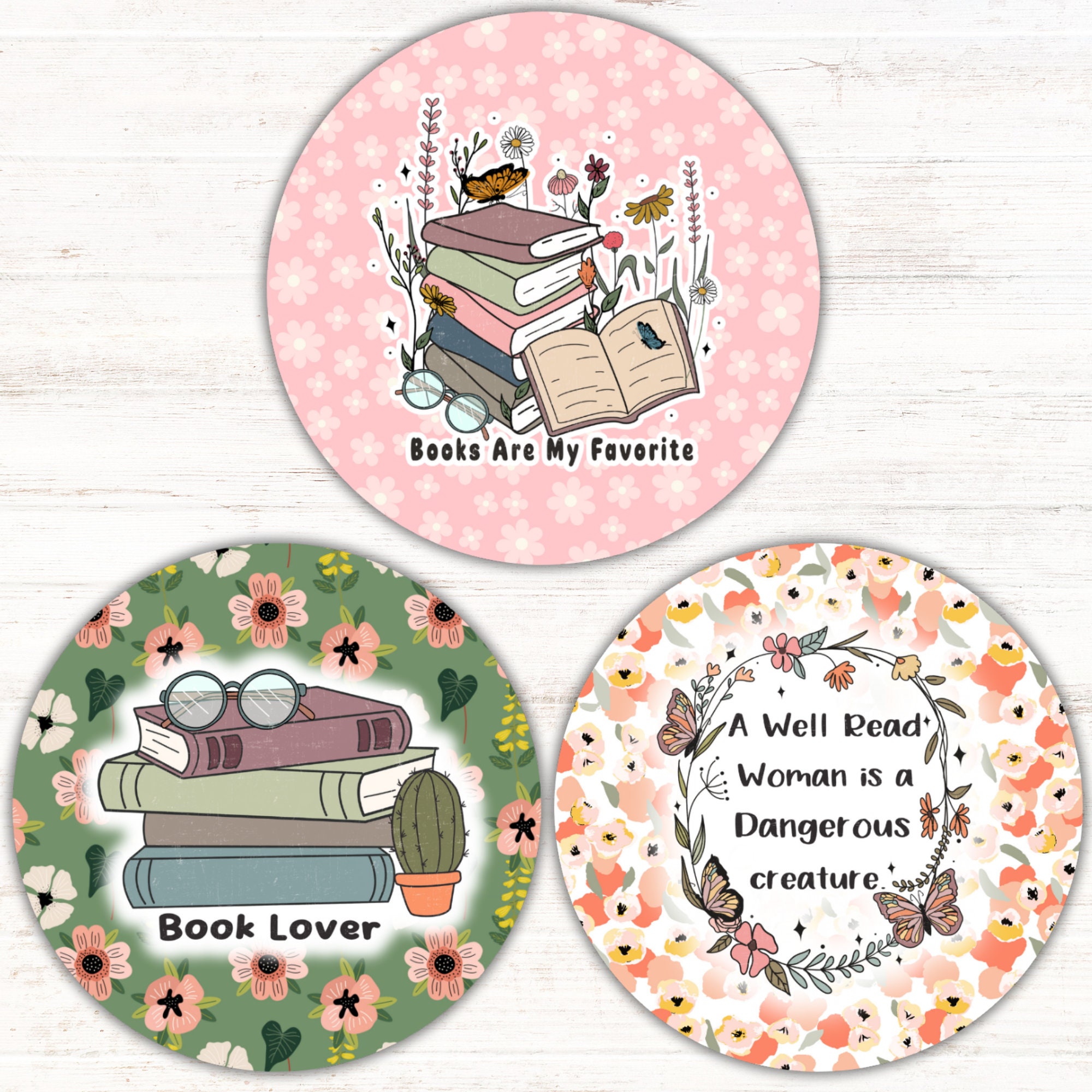 Floral Books Car Coaster PNG Bundle, Reading Lover Round Sublimation ...