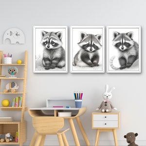 Set 3 raccoon animal prints, baby room decor, wall art, nursery art, raccoon, baby print, printable