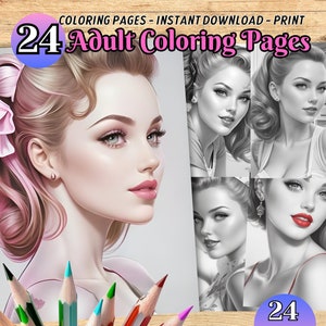 Pin-up Girls Coloring Book,Portraits to color,Coloring pages for adults,Coloring book, Cute woman coloring, instant download, printable PDF