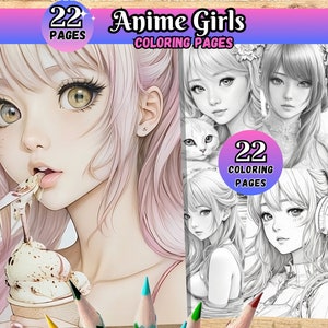 Anime Girls, Coloring pages, Woman coloring book, kawaii girls coloring pages, Chibi, instant PDF download, printable PDF,