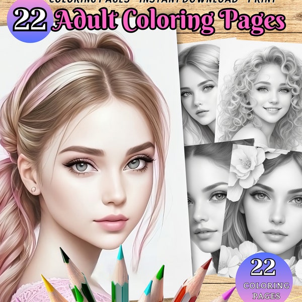 Portraits of women,Beautiful women,Coloring pages for adults,cute pages, Instant download,pretty lady,Woman coloring pages,Printable PDF