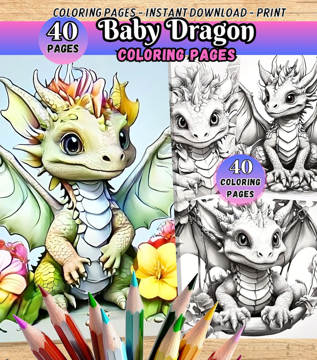 Baby Dragon Coloring Pages, Adorable Dragons, Adults Coloring Book, Funny Dragon, Fantasy ...