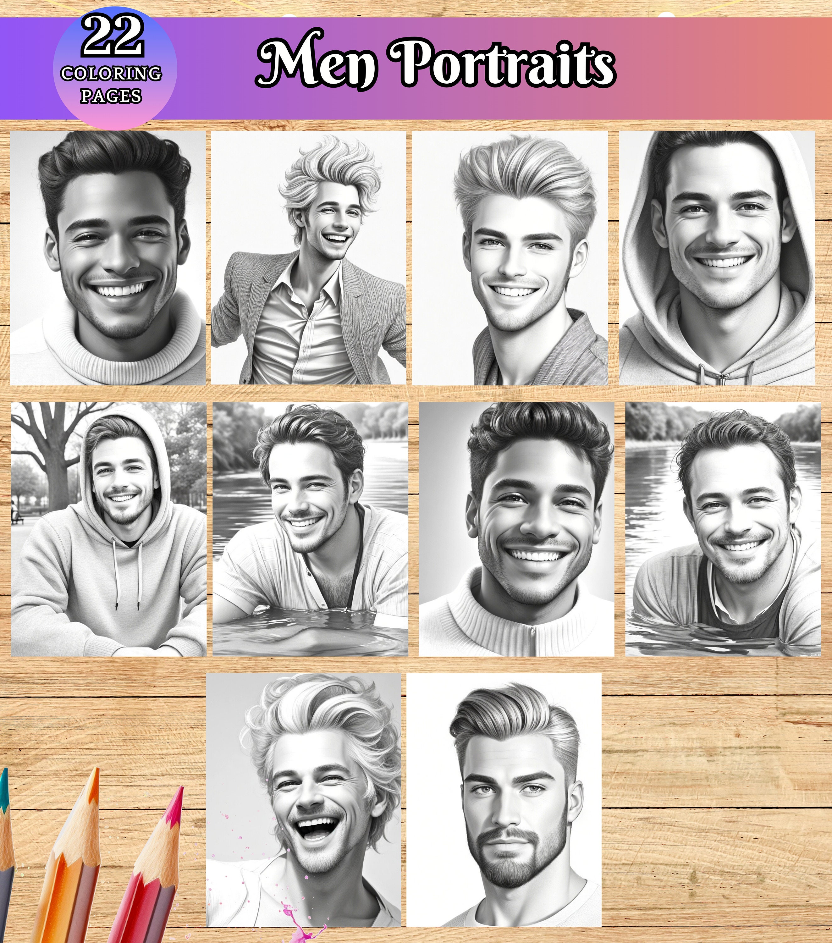 Happy Men Coloring Pages, Portraits Men, Beautiful Men, Coloring Pages