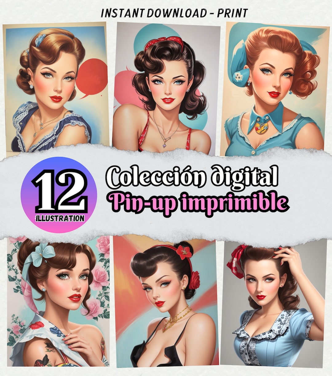 Printable PIN UP Digital Collection, Beautiful Pin-up Women,designs for ...