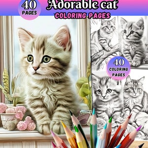 Cat coloring pages, Adorable cats, coloring book, cute kittens, grayscale, printable, adults coloring pages, cats