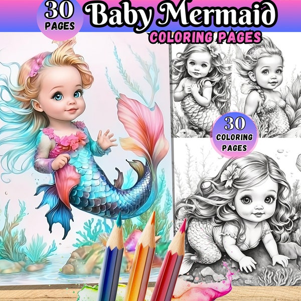 Baby Mermaid coloring pages, mermaid coloring book, adults coloring pages, cute baby, Download grayscale illustration, Printable PDF file